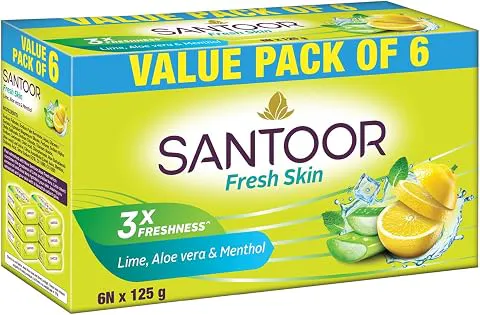 Santoor Fresh Skin Aloe Vera & Lime Bathing Soap with Nourishing & Anti-Aging Properties| For Smooth & Soft and Younger-Looking Skin| For All Skin Types| 125g, Pack of 6 cleansing