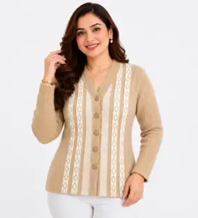 TOPGLOW Self Design V Neck Casual Women Beige Sweater