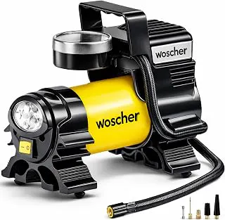 Woscher 100% Copper Motor Tyre Inflator for Car Air Pump for Car Tyres| 12V DC Superfast Inflation 150 psi | Strong Metal Body with Emergency LED Light,Heavy Duty Zipper Bag | 1 Yrs Warranty (678)