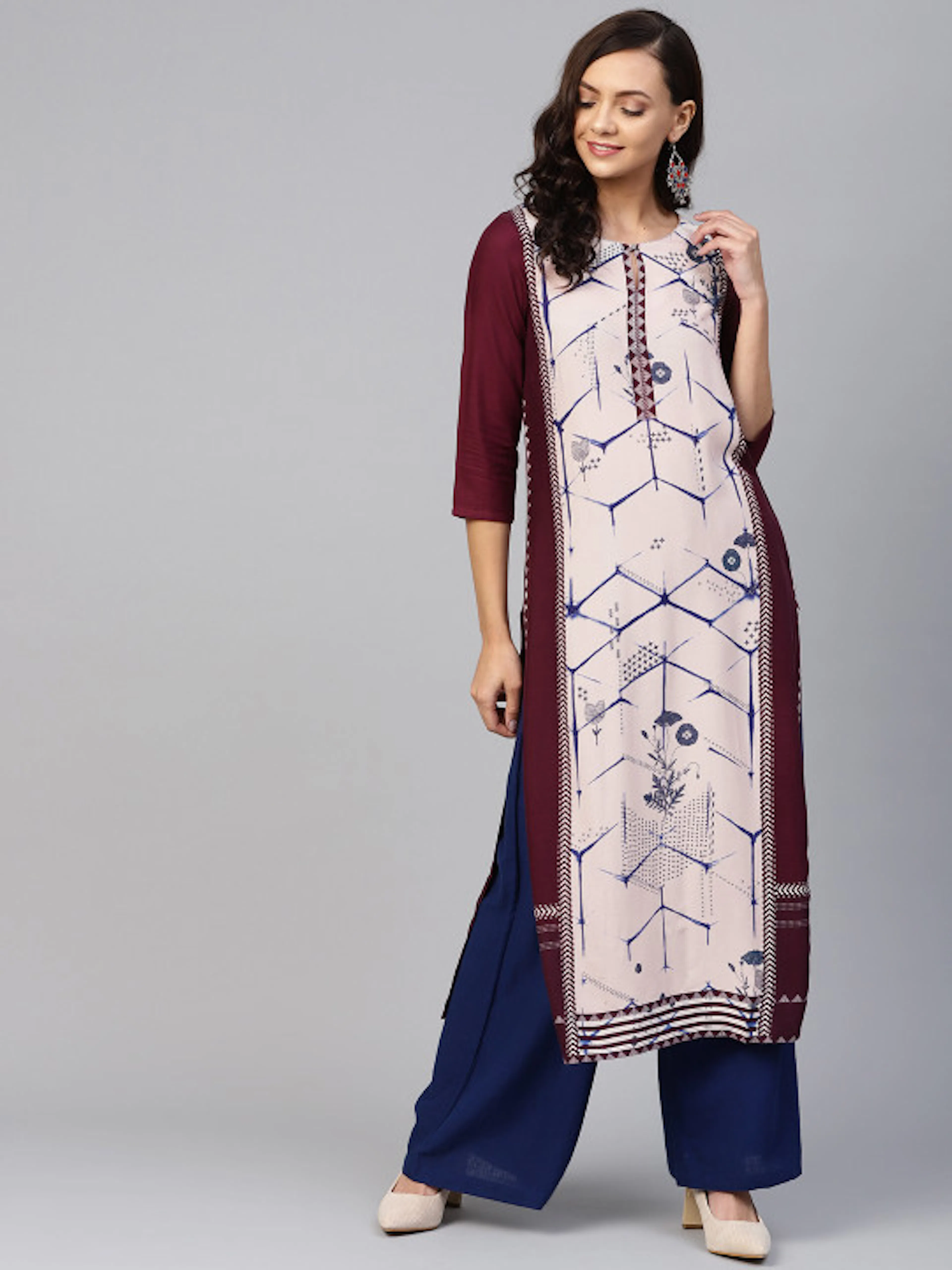 W Women Burgundy & Off-White Printed Straight Kurta