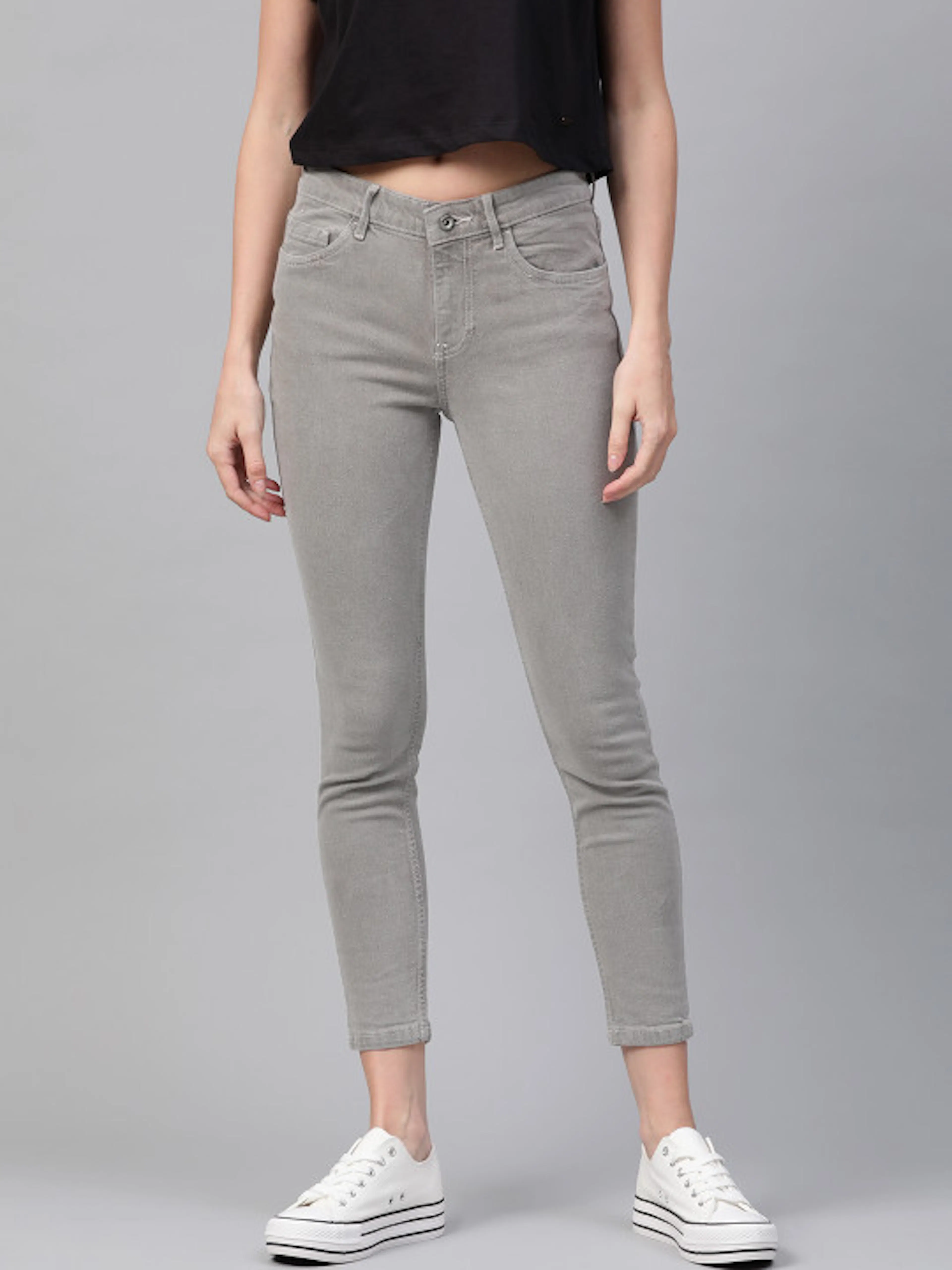 Roadster Women Grey Skinny Fit Mid-Rise Clean Look Cropped Stretchable Jeans