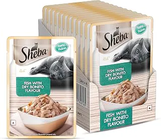 Sheba Rich Premium Adult (1+ Years) Wet Cat Food, Fish with Dry Bonito Flavour, 35 g Pouch (Pack of 12), High-moisture wet food for healthy hydration
