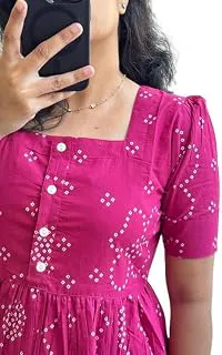 GenericWomen Printed Anarkali Kurta Dress | Ethnic Cotton Blend Midi Dress for Women | Casual Festive Flared Kurti with Half Sleeves Pink