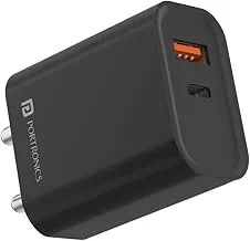 Portronics Adapto 45 22.5 W Mobile Charger Adapter with Dual Port (USB A + PD Type C), Fast Charging, Short Circuit Protection, Wide Compatibility (Black)