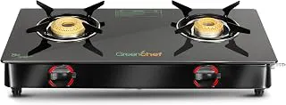 GREENCHEF Elon Glass cook top Two Burner Gas stove,Black Body (Manual Ignition), toughened glass top, Compact Design, pan support – ISI certified