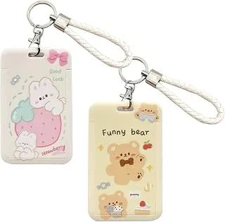 PATPAT® Cartoon ID Card Holder with Lanyard Keychain, Sweetly Stylish Kawaii Badge Card Sleeves Slide-on Acrylic Clear Universal Size Cards Keeper for Students, Office Staff, 110mmx70mm
