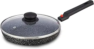 Amazon Brand - Solimo Non-Stick Fry Pan with Glass Lid with Detachable Handle | Granite Finish | Induction Base | PFOA Free | High Temperature Resistant Exterior Coating | 22 cm | Black Aluminium