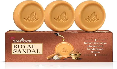 Santoor Royal Sandal Soap | Infused with Sandalwood Serum | Tan Removal | 100% Pure Sandalwood Oil & Powder | Helps Reduce Tan for Even-Toned, Glowing Skin | 150g x 3 Soaps Cleansing