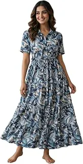 BollycluesWomen’s Crepe Fabric Printed Maxi Dress for Women| Lightweight, Breathable & Flowy | Short Sleeve Button-Down Casual Dress with Waist Tie | Stylish Summer & Vacation Wear