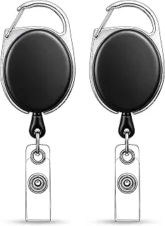 GLUN® Black Oval Round ID Reel Holder, Set of 2 Retractable Clip Badge Card Holders for Office Employees