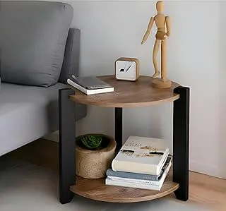 Shoper cart Round End Table with 2-Tier Storage Shelf, Room Decoration Items for Bedroom, Side Tables for Bedroom, Home Decor for Living Room, Walnut Wood Top with Black Wooden Legs, 30x36 cm