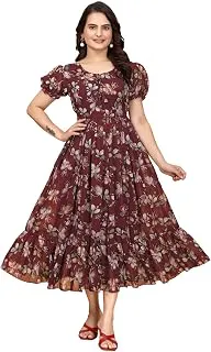 GenericWomen's Georgette Dresses Floral Printed One Piece | Round Neck Puffed Sleeve Casual Summer Dress with Belt | Elegant Office Wear & Maxi Dress Maroon