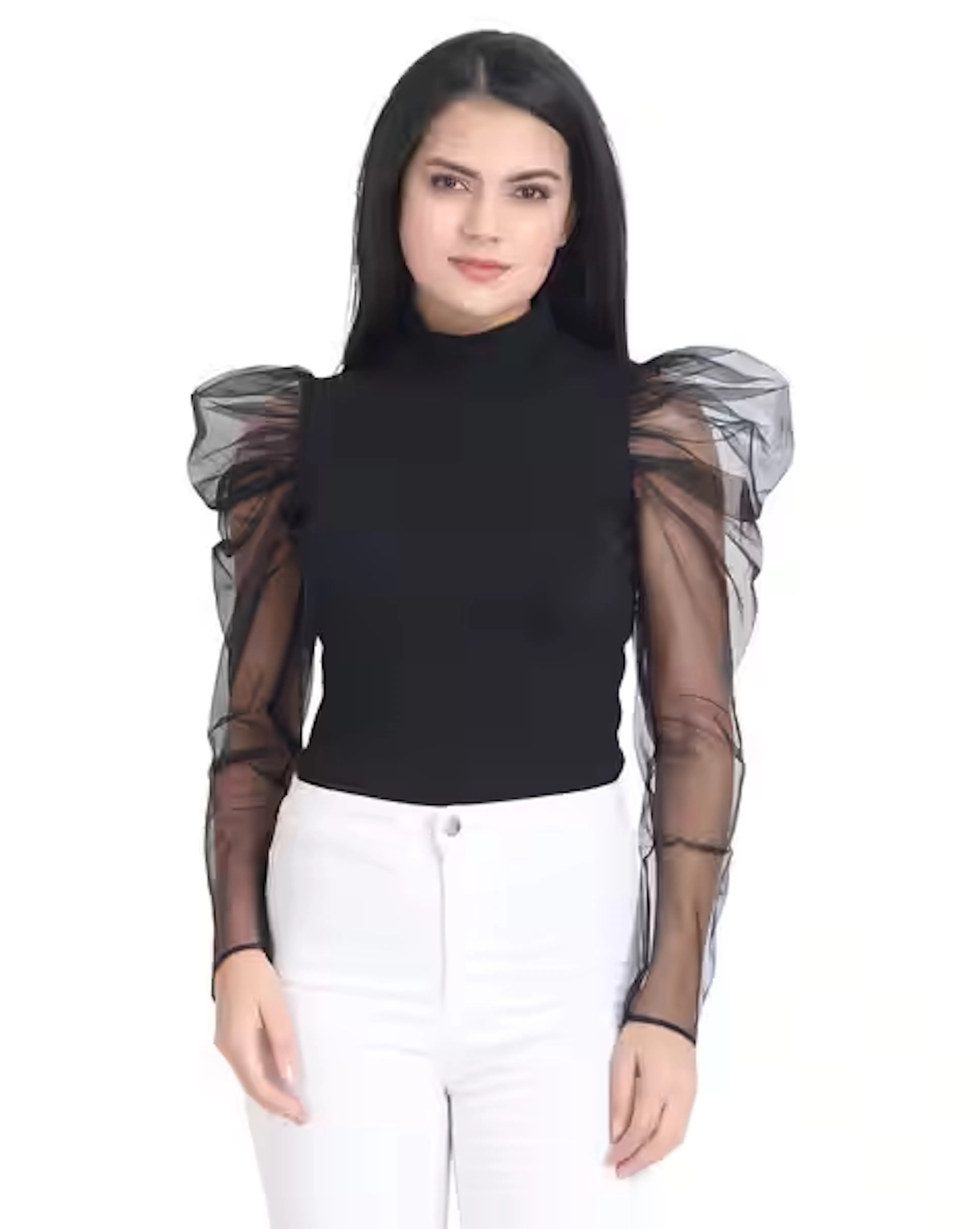 Slim Fit Top with Sheer Sleeves