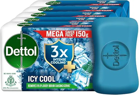 Dettol Icy Cool Bathing Soap Bar With 3x intense cooling (750gm), 150gm - Pack of 5 Cooling