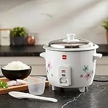 CELLO Iris Electric Rice Cooker with Single Pot 600ml White | 300W Power, Removable Aluminium Non-Stick Bowl with SS Lid, Cool Touch Handle, One Touch Automatic Warm Function, For Rice, Pulao & Maggi