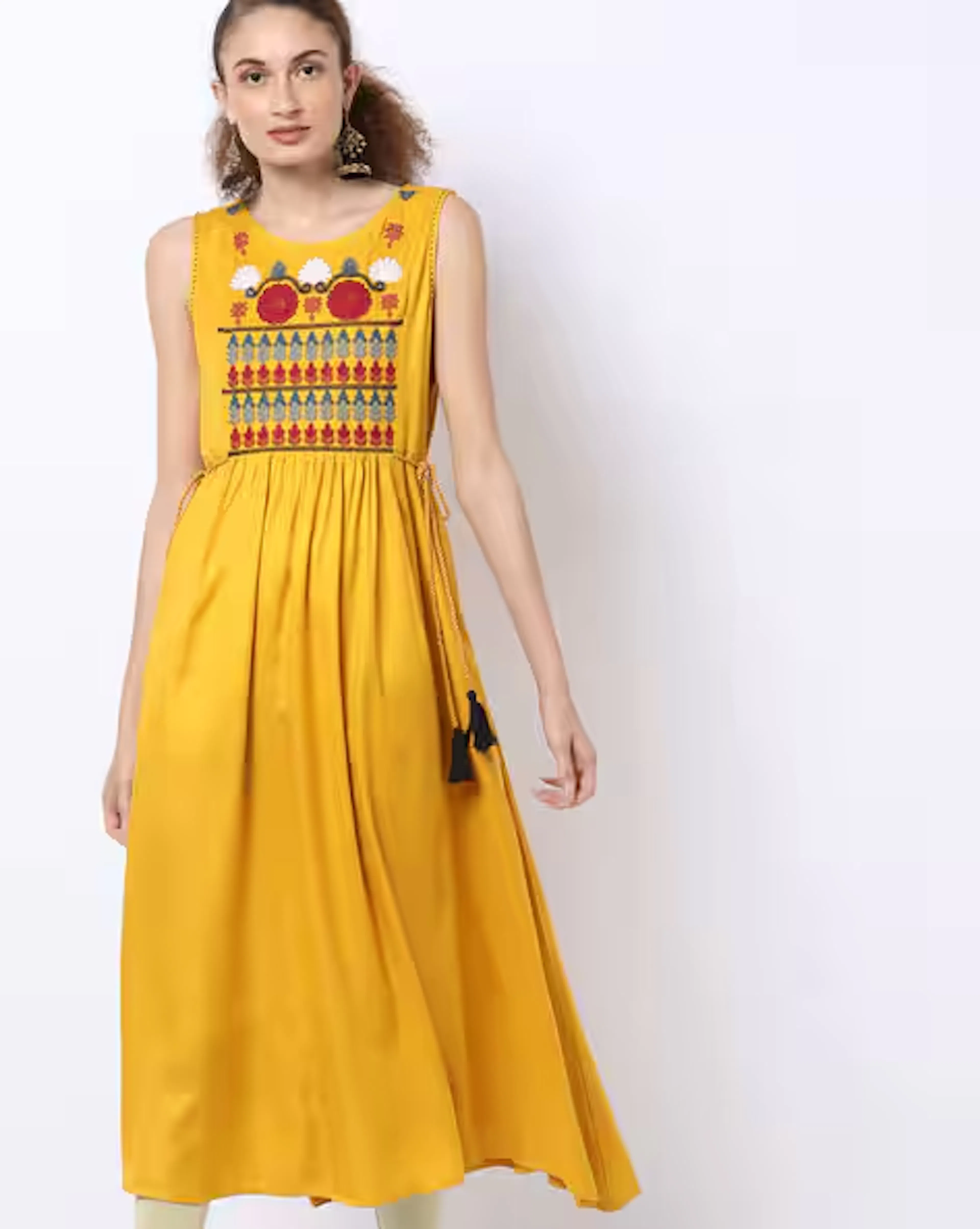 Embroidered A-line Dress with Tasseled Tie-Ups