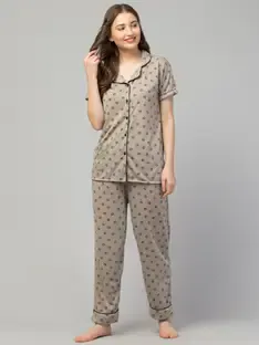 Zero zabar Women Printed Grey Top & Pyjama Set