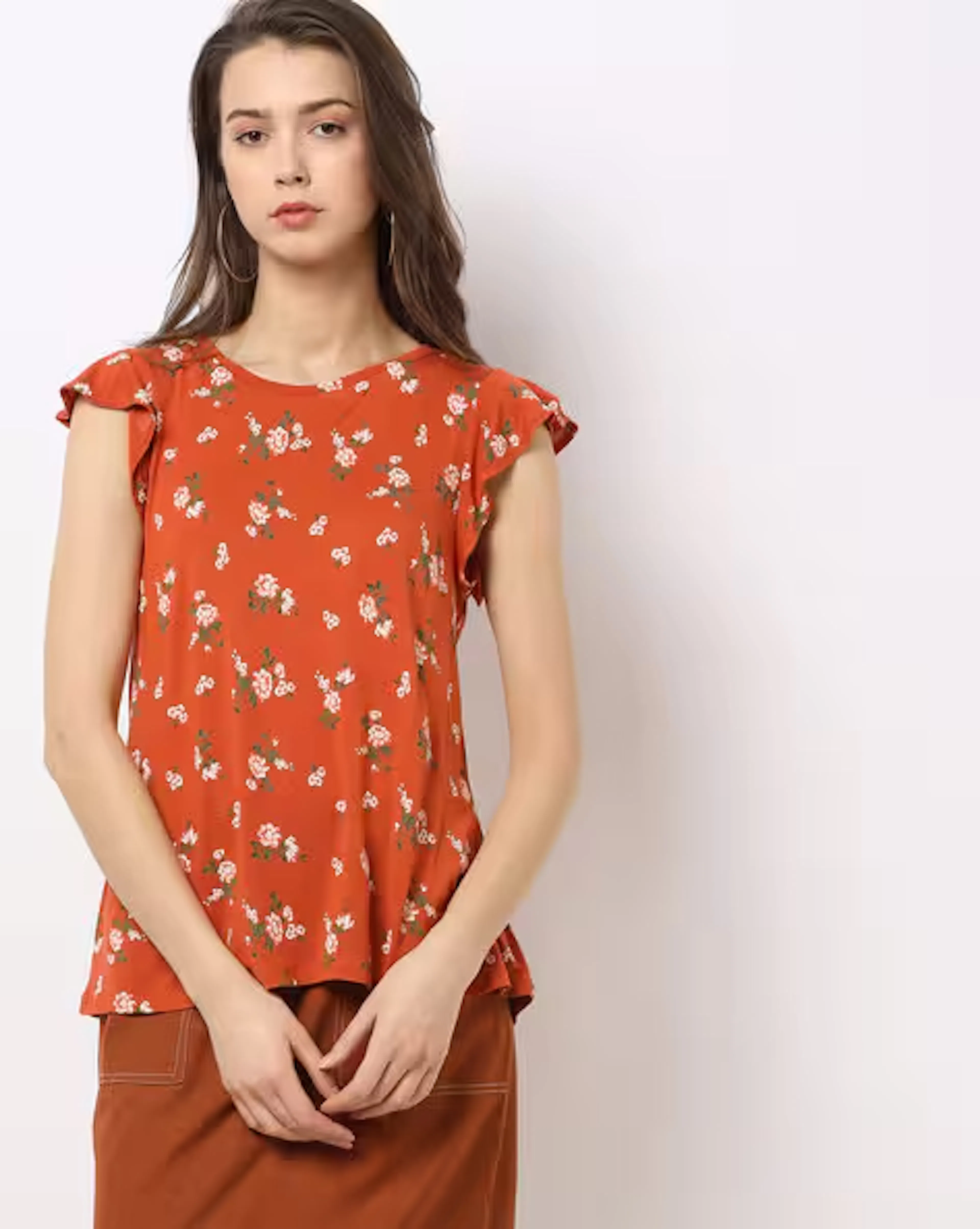 Floral Print Top with Ruffled Sleeves