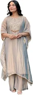 GoSriKiFendy Glass Embroidered A-Line Kurta with Palazzo for Women | Fendy Glass Grey | Kaftan Sleeve | Round Neck | Ethnic Wear Casual Wear