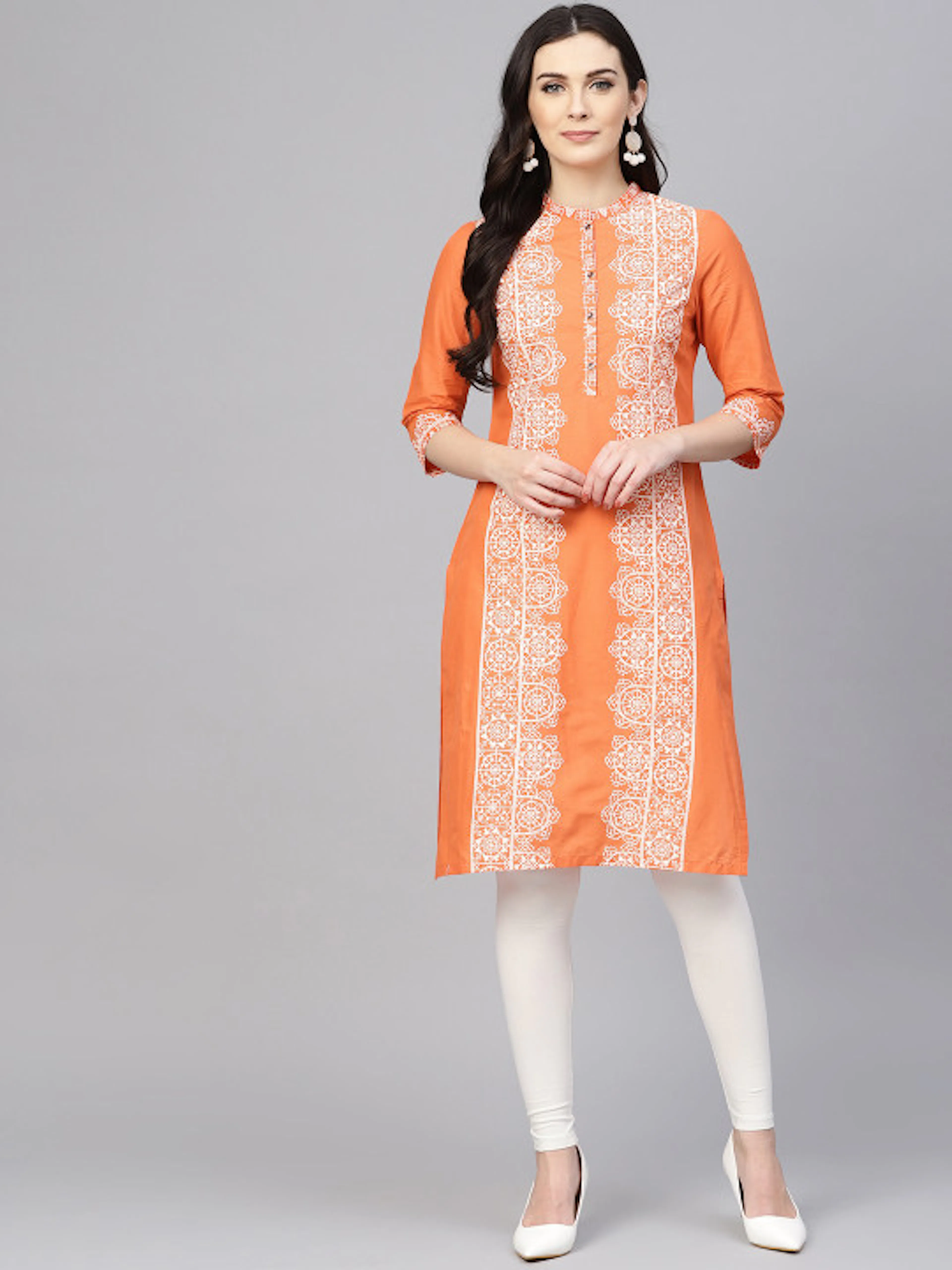 W Women Orange & White Printed Straight Kurta
