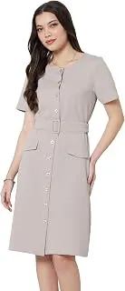 Amazon Brand - SymbolWomen's Cotton Blend Seersucker Knit Button-Down Dress | Belted Waist, Short Sleeve, Knee Length (Available in Plus Sizes)