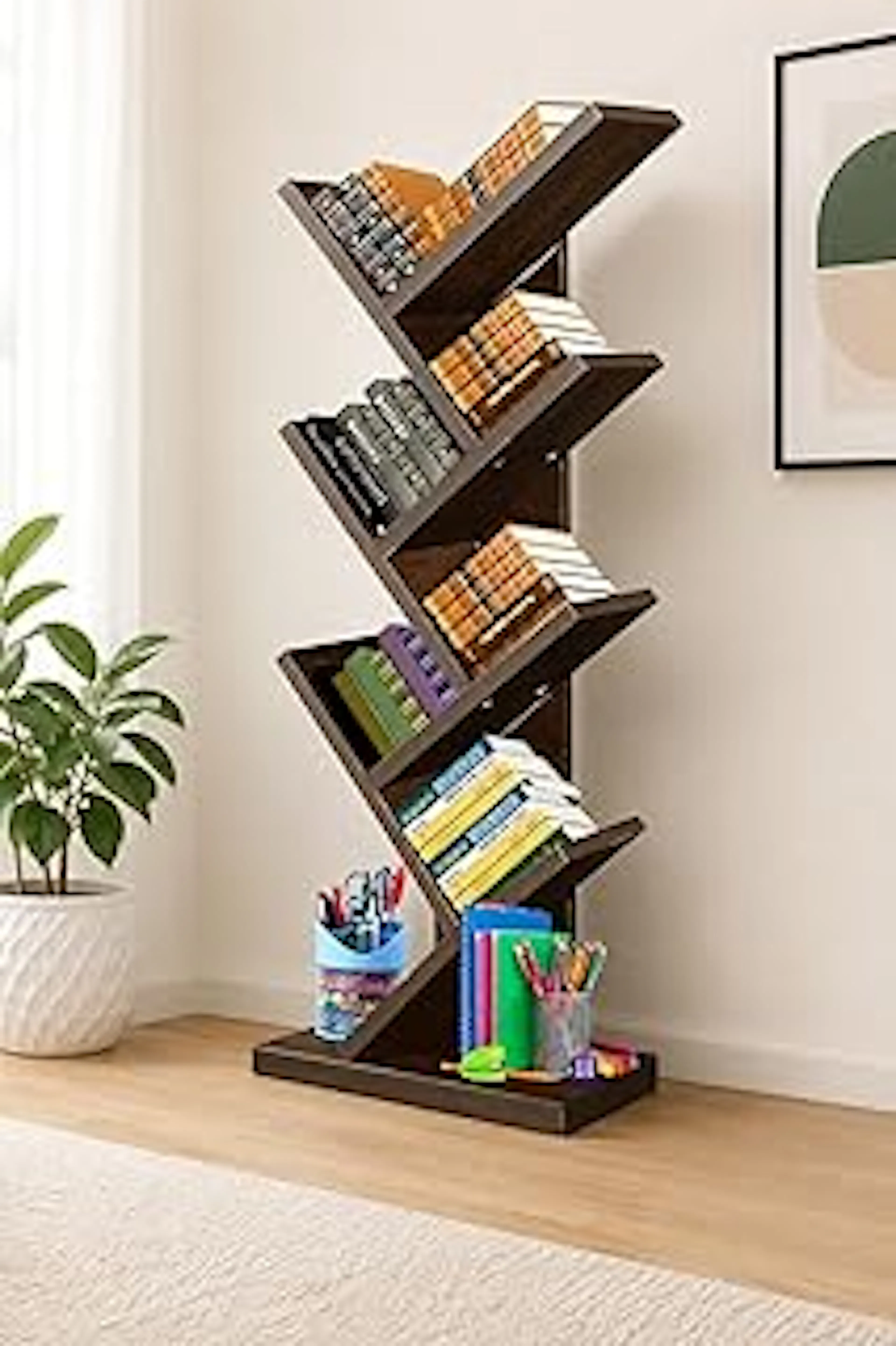 SBF Furniture Engineered Wooden Book Rack,Space Saver Book Shelf for Home Living Room and Office Table Top Free Standing Organizer,Laminated Finish Modern Book Shelve (7 Tier_Brown)