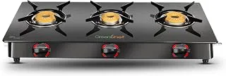 GREENCHEF Elon Glass cook top Three Burner Gas stove,Black Body (Manual Ignition), toughened glass top, Compact Design, pan support – ISI certified