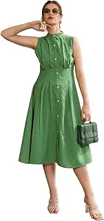 PURVAJAWomen's Pleated Knee Length Sleeveless Mandarin Collar Solid Dress