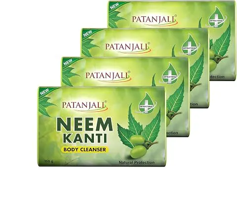 Patanjali Neem Kanti Herbal Body Cleanser Soap for Men and Women (150g, Pack of 4), Moisturizing & Deep Cleansing, Natural Neem Soap for Dry Skin