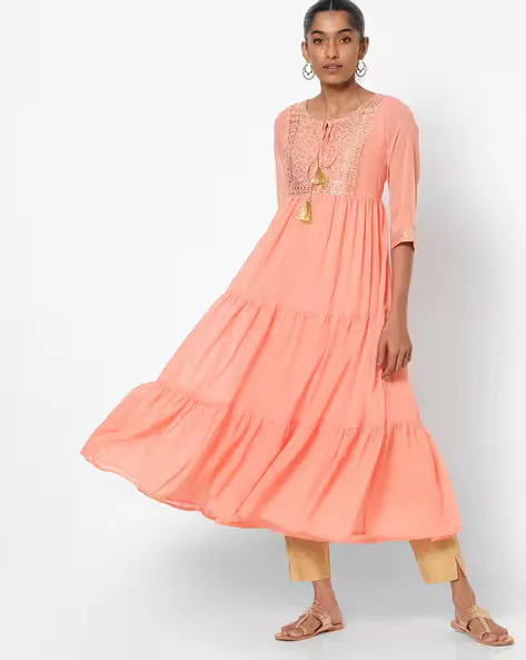 Tiered Anarkali Kurta with Tassel Tie-Up