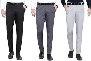 GenericMen's Premium Formal Trousers, Slim Fit Premium Fabric Blend, Pack of 3, Black, Dark Grey, Light Grey