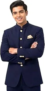 GenericMen's Navy Blue Jodhpuri Suit with Gold Buttons and Mandarin Collar, Formal Ethnic Wear