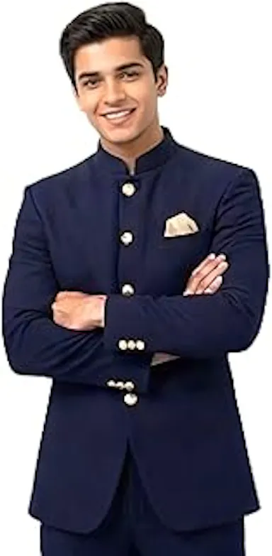 GenericMen's Navy Blue Jodhpuri Suit with Gold Buttons and Mandarin Collar, Formal Ethnic Wear