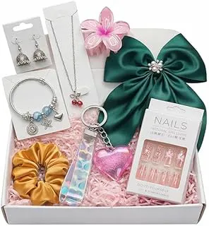 8-Piece Women’s Fashion Jewelry & Hair Accessories Gift Set | Pendant Chain, Pandora-Style Bracelet, Oxidised Jhumki Earrings | Satin Hair Bow, Scrunchie & Big Flower Claw Clip | Random Colors & Designs (ZEV_GIFT_HAMPER)