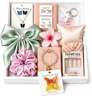10 Pcs Trendy Hair Accessories & Jewelry Gift Set for Girls & Women | Random Designs as per Latest Trend | Pink Gift Box Included