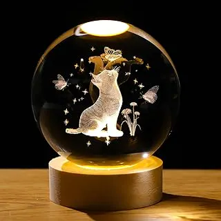 Arikyrist 3D Crystal Cat Figurine With Wooden LED Light Base, 80Mm Crystal Ball Decor, Laser Engraved Glass Sphere Gifts for Cat Lovers