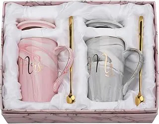NYRWANA Coffee Mug, Wedding Present for Couples, Marriage Presents for Wedding, Couple Present, Mr & Mrs Set of 2 Coffee Mugs, Lids, Golden Spoon & Beautiful Gift Box (380ml-Ceramic) Ceramic