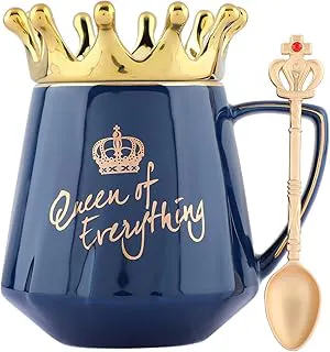 NYRWANA Coffee Mug, Gift for Woman, Birthday Present for Girlfriend, Wife Gift for Anniversary, Queen of Everything Mug with Golden Crown & Spoon (350ml-Blue) Ceramic