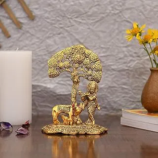 Collectible India Gift Items Metal Krishna Idol Murti with Kamdhenu Cow - Gold Plated Showpiece Articles for Home Decor, Office,House Warming (Set of 1)