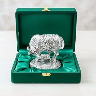 999 Pure Silver Plated Kamdhenu Cow Idol | 2.5 inch Vastu Home Decor for Pooja Room & Mandir | Symbol of Prosperity & Abundance | Ideal Religious & Spiritual Gift