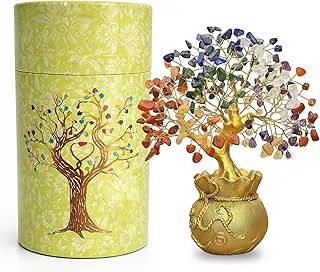 JD FRESH Feng Shui 7 Chakra Crystal Tree with Golden Money Bag Base/Natural Gemstone Decorative Showpiece Bonsai Tree for Home & Office Décor, Good Luck Diwali Gift, Wealth & Prosperity