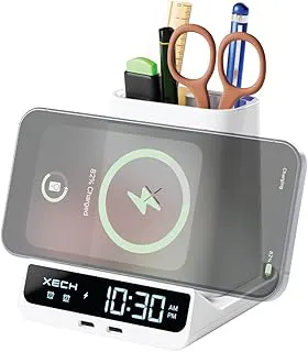 Xech Digital Alarm Clock for Heavy Sleepers | 15W Fast Wireless Charger & Dual USB-C Ports | Type-C Input | Birthday Gift for Husband, Wife, Girlfriend, Boyfriend | Made-in-India (White, Quest Max)