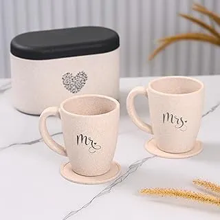 Eha Earth-Friendly Mr & Mrs Coffee Mugs for Couple | Wedding Gift for Couples| Made with Rice Husk| Two Mugs, Coasters Set of 2, Keychain & One Loopac Box | 300 ml | Sand Castle Rice Husk Biocomposites