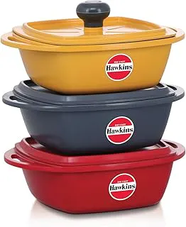 Hawkins Kitchen Gift Pack 2023 (23DGP) 3 Pieces Set of Die-Cast Square Mini Casseroles for Cooking, Reheating, Serving and Storing, Red, Yellow, Grey, 2.25 litre