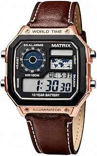 MatrixIlluminator Leather Strap Digital Watch with Alarm, Stopwatch, World Time | for Men & Women