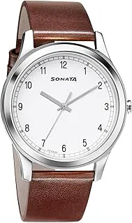 TitanSonata Quartz Analog White Dial Brown Leather Strap Watch for Men - NT7135SL03