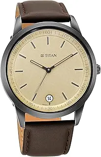 TitanTitan Minimalist Timeless Style Quartz Analog With Date Champagne Dial Dark Brown Leather Strap Watch for Men - NP1806NL02