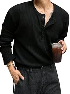 TrillionMen's Textured Fabric Solid Color Basic Half-Open Collar T-Shirt, Fall Long Sleeve Men Shirt | Tshirt for Men