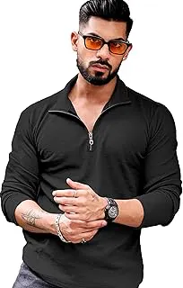 KAJARUMen's Polyester Blend T Shirt with Spread Collar Neck Line Zipper Closure Full Sleeves Solid Pattern Regular Fit and Standard Length