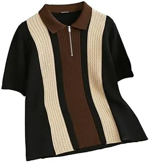 AUSKMen's Retro Cable-Knit Quarter-Zip Polo | Premium Textured Self-Design Half Sleeve T-Shirt for Men